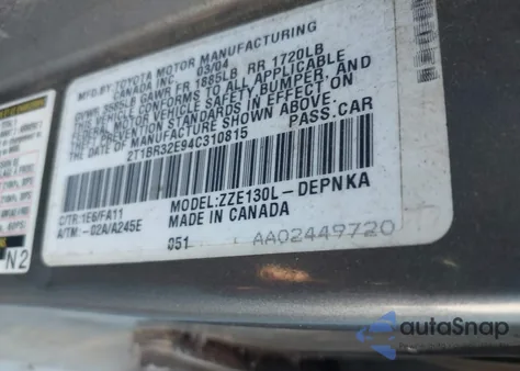 2004 Toyota Corolla Le из США, поврежденный, VIN 2T1BR32E94C310815